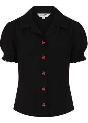 Banned Cherry Button 40's Blouse Zwart
