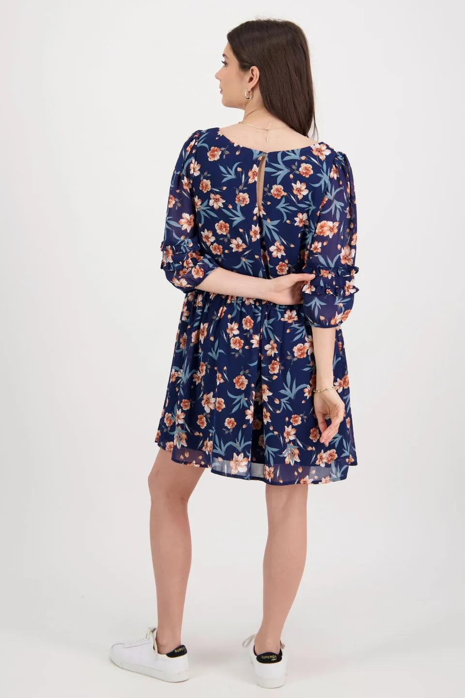 Beachside Ink Floral Ruffle Sleeve Mini Dress