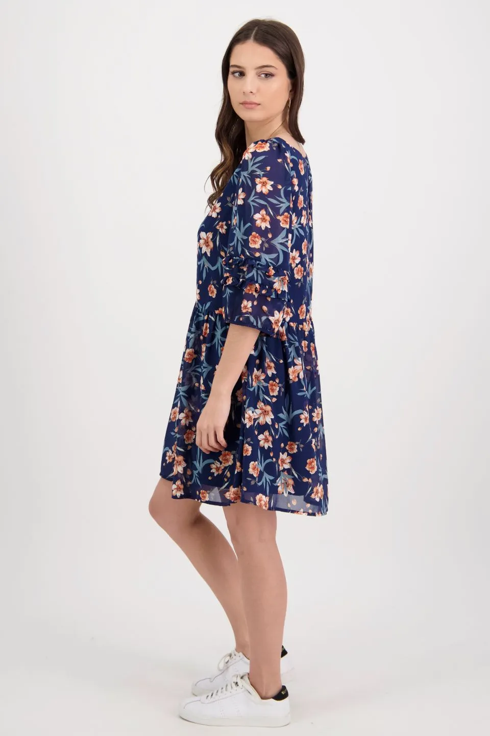 Beachside Ink Floral Ruffle Sleeve Mini Dress