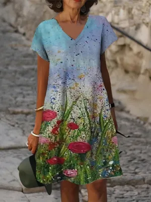 BerryBetty - Floral Blue V Neck Causal Short Sleeve Shift Dress