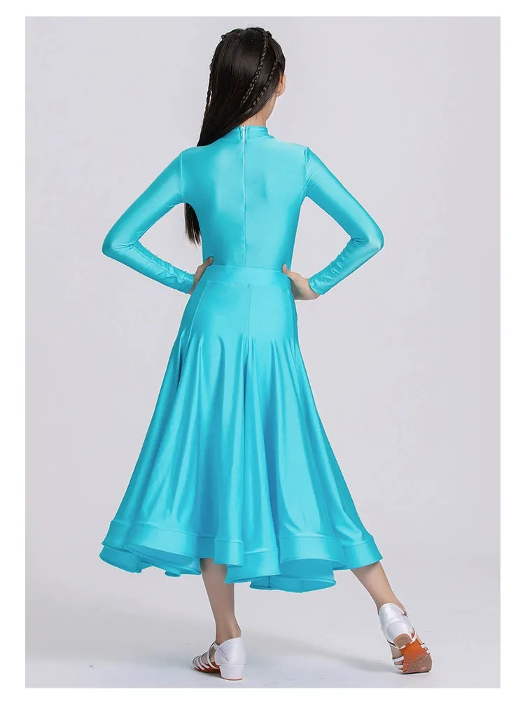 Blue Red Ballroom Dance Dresses for Girls Kids Long-sleeved  Latin Tango Waltz Juvenile Performance Long Gown Art Test Performance Skirts