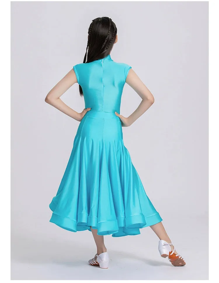 Blue Red Ballroom Dance Dresses for Girls Kids Long-sleeved  Latin Tango Waltz Juvenile Performance Long Gown Art Test Performance Skirts