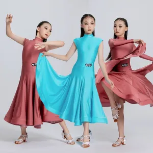Blue Red Ballroom Dance Dresses for Girls Kids Long-sleeved  Latin Tango Waltz Juvenile Performance Long Gown Art Test Performance Skirts