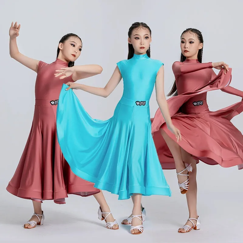 Blue Red Ballroom Dance Dresses for Girls Kids Long-sleeved  Latin Tango Waltz Juvenile Performance Long Gown Art Test Performance Skirts