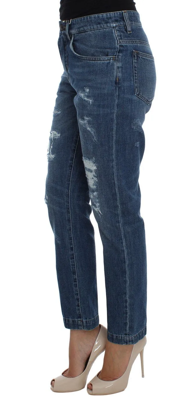 Blue Wash Torn Cotton Boyfriend Fit Jeans