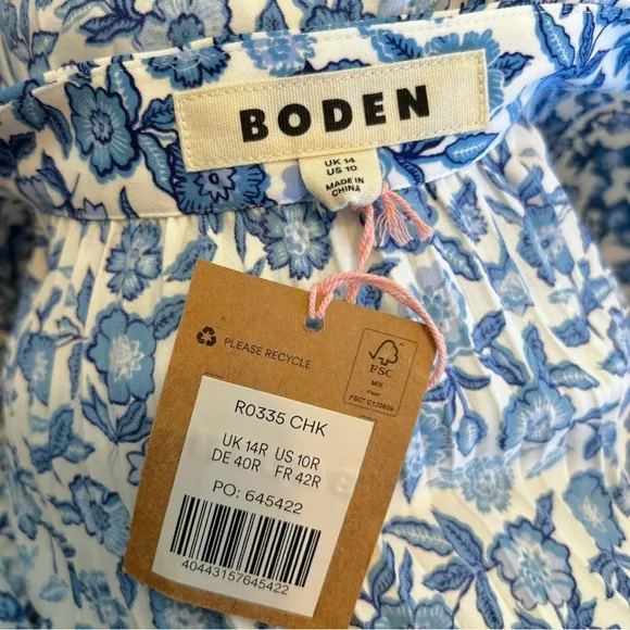 Boden Chinoiserie Blue Floral Pleated A-Line Skirt, Size 10, NWT