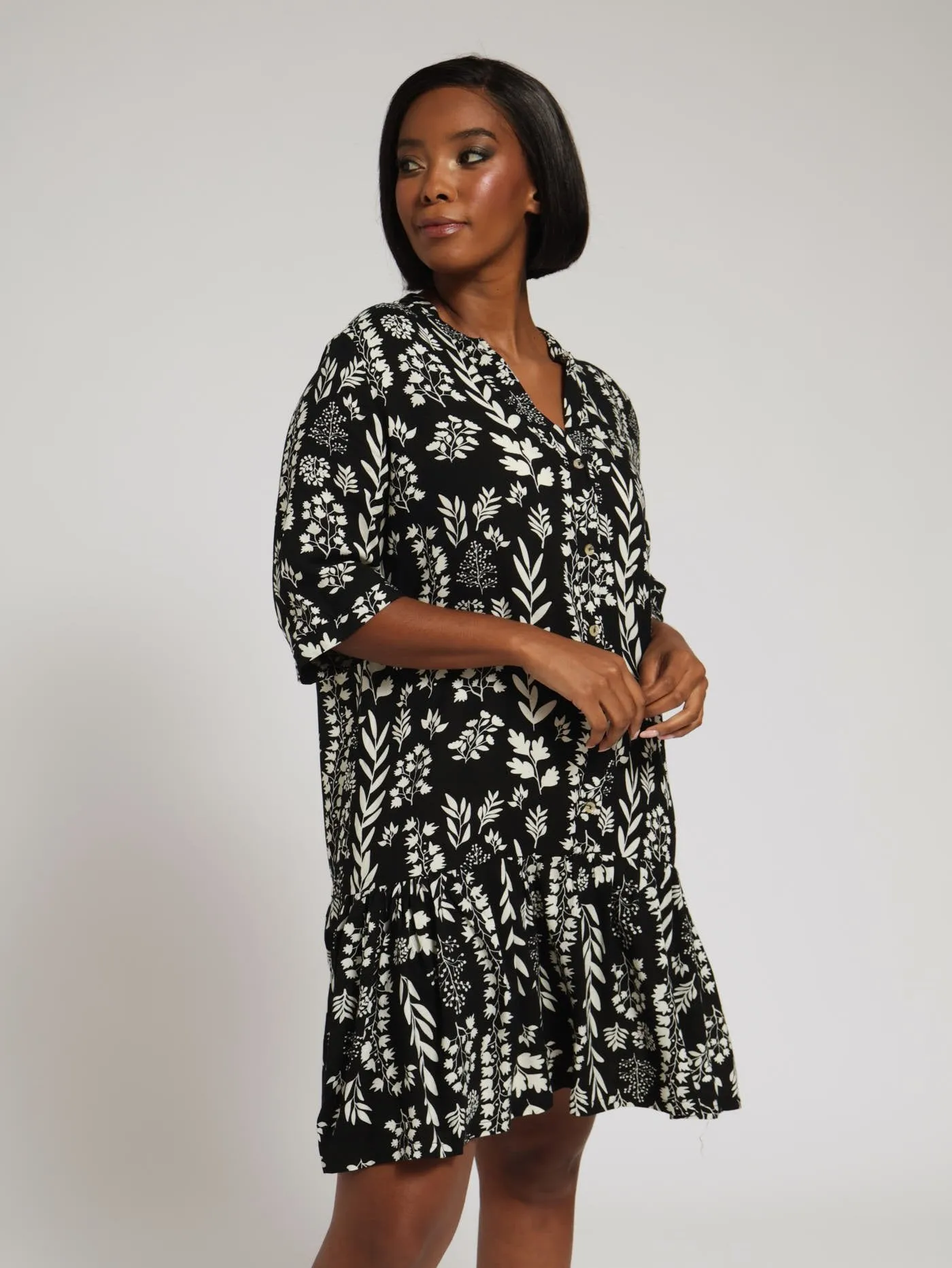 Button Through Drop Hem Shift Dress - Black/Beige