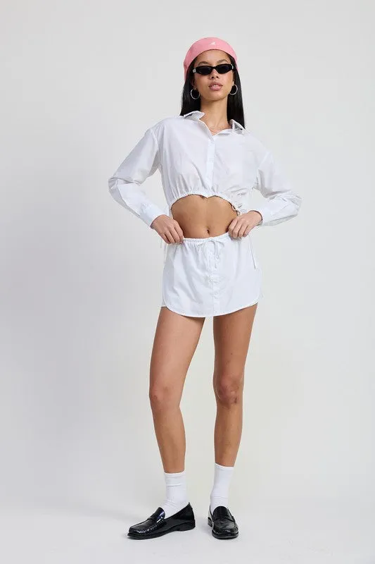 BUTTON UP CROPPED SHIRT WITH DRAWSTRINGS