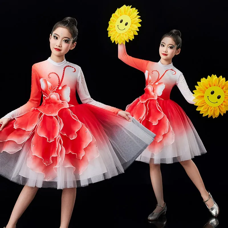 Children's pink green Petals modern dance dresses chorus performance girls tutu skirts school church choir competition outfits