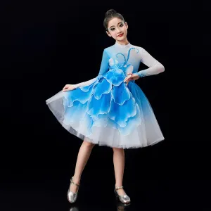 Children's pink green Petals modern dance dresses chorus performance girls tutu skirts school church choir competition outfits