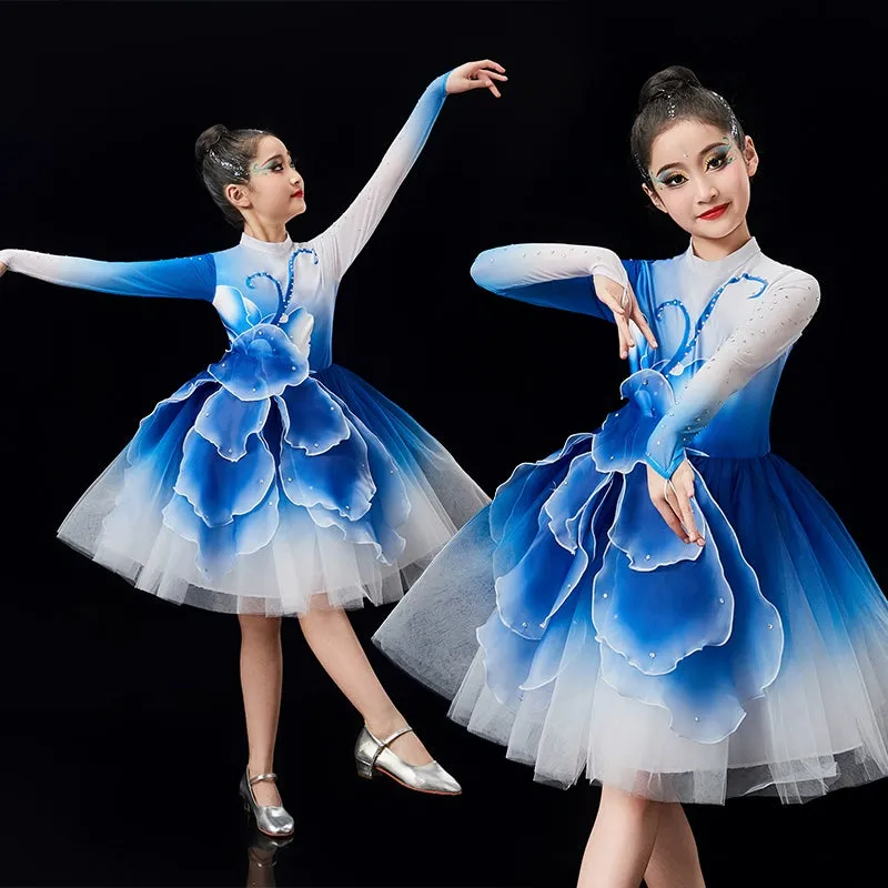 Children's pink green Petals modern dance dresses chorus performance girls tutu skirts school church choir competition outfits