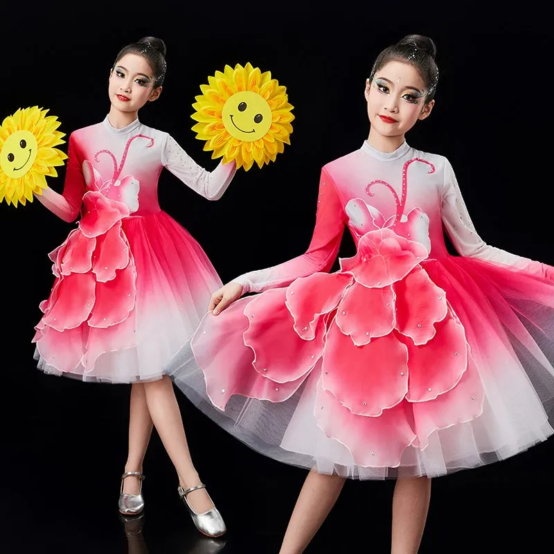 Children's pink green Petals modern dance dresses chorus performance girls tutu skirts school church choir competition outfits