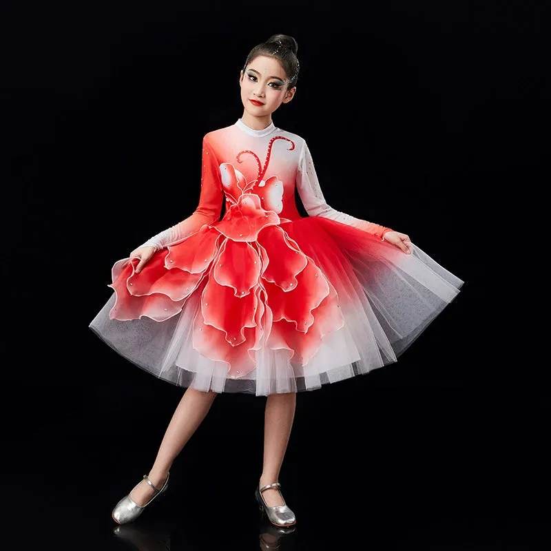Children's pink green Petals modern dance dresses chorus performance girls tutu skirts school church choir competition outfits