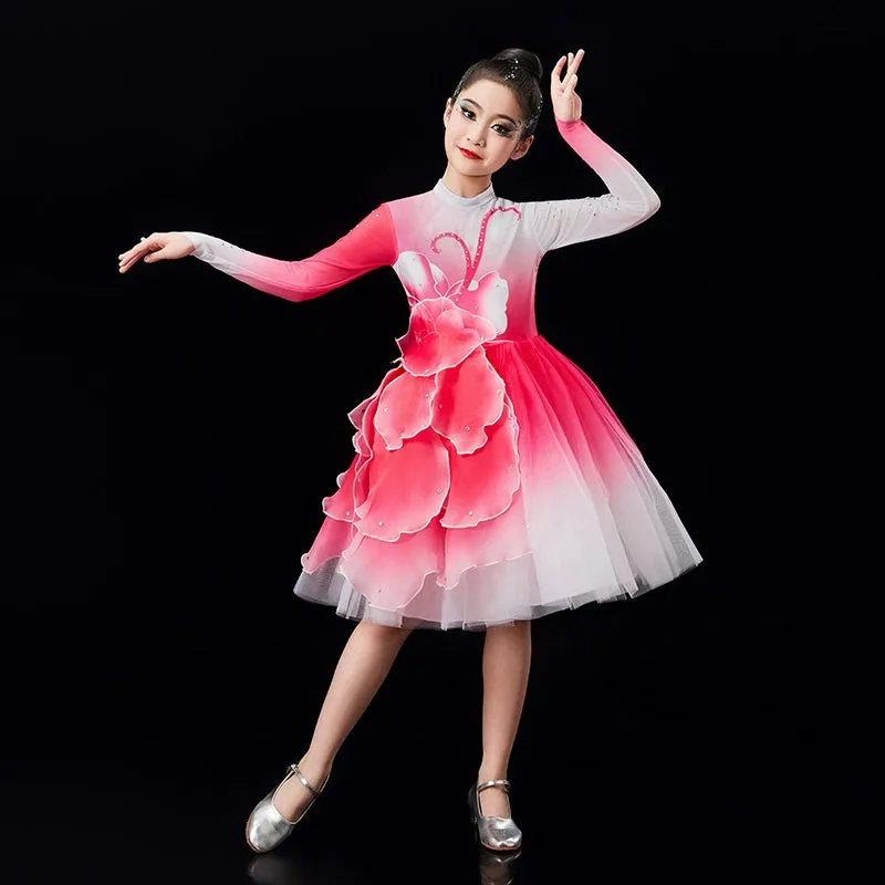 Children's pink green Petals modern dance dresses chorus performance girls tutu skirts school church choir competition outfits