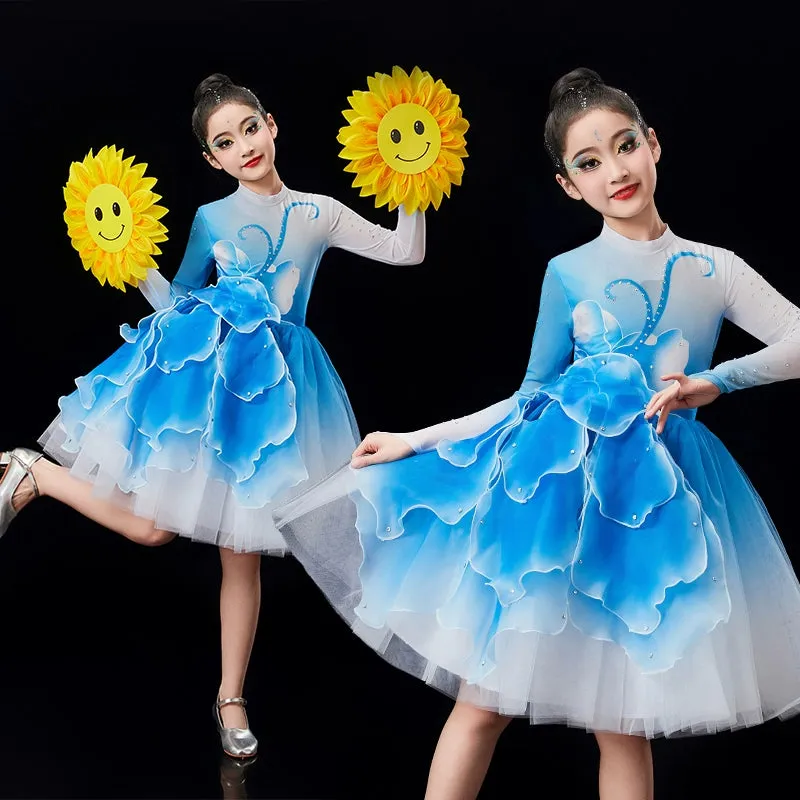 Children's pink green Petals modern dance dresses chorus performance girls tutu skirts school church choir competition outfits