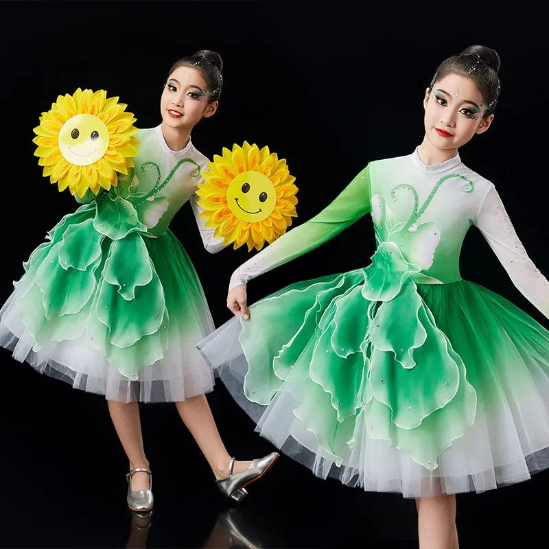 Children's pink green Petals modern dance dresses chorus performance girls tutu skirts school church choir competition outfits