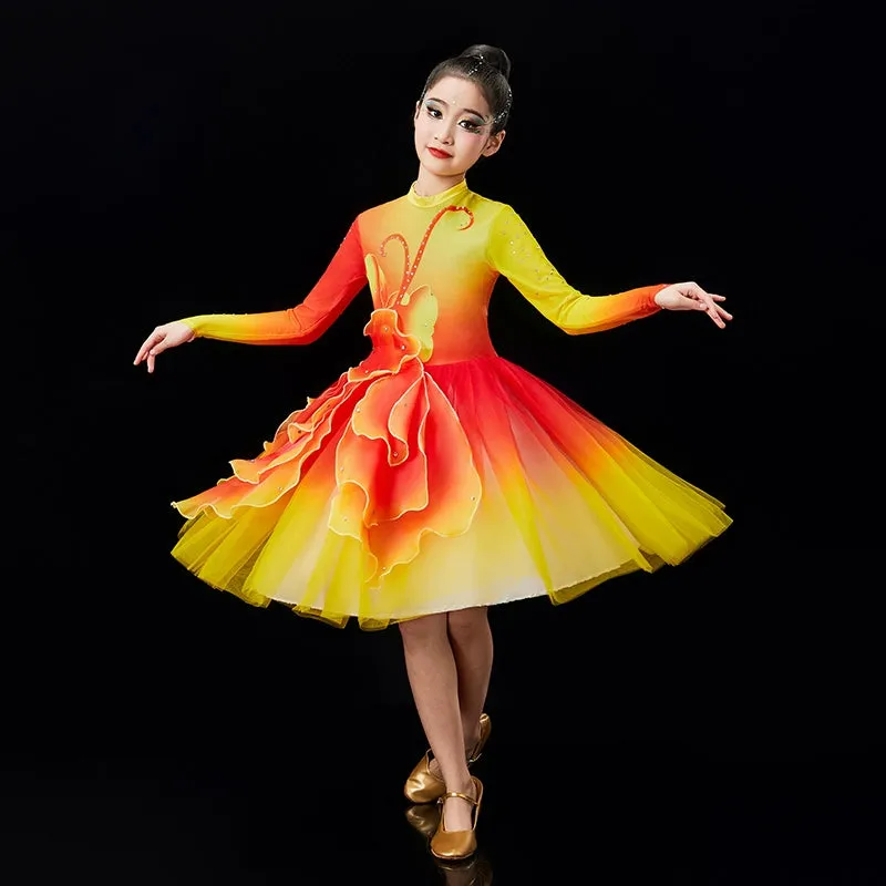 Children's pink green Petals modern dance dresses chorus performance girls tutu skirts school church choir competition outfits