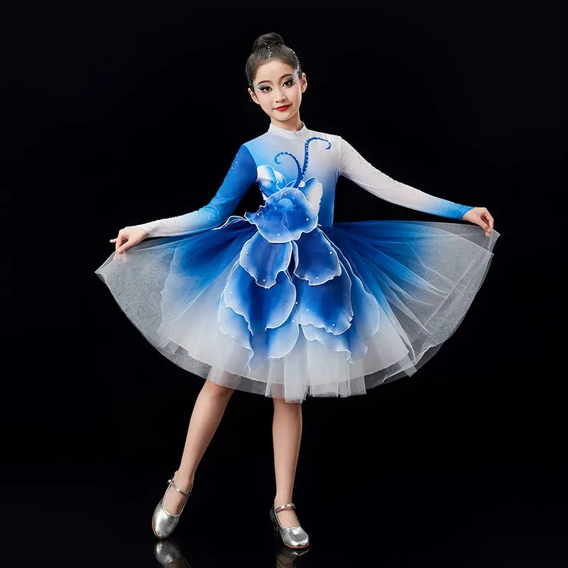 Children's pink green Petals modern dance dresses chorus performance girls tutu skirts school church choir competition outfits