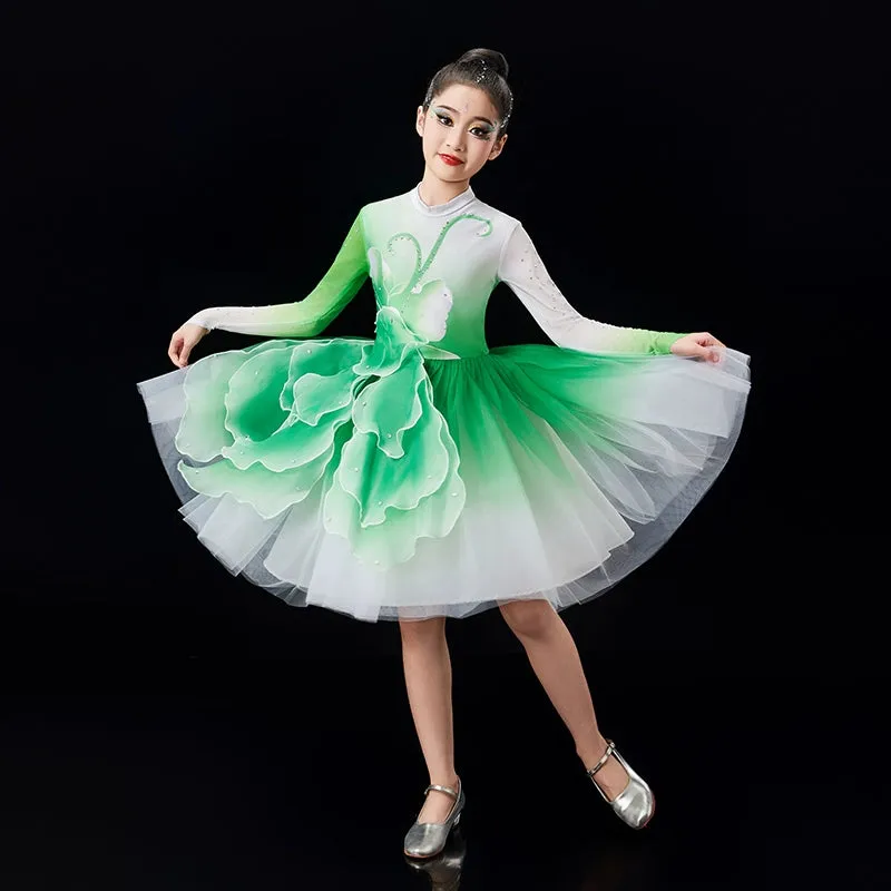 Children's pink green Petals modern dance dresses chorus performance girls tutu skirts school church choir competition outfits