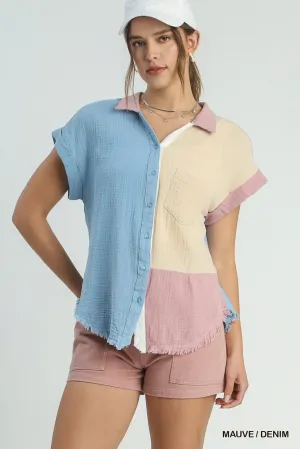 Color Block Gauze Button Up