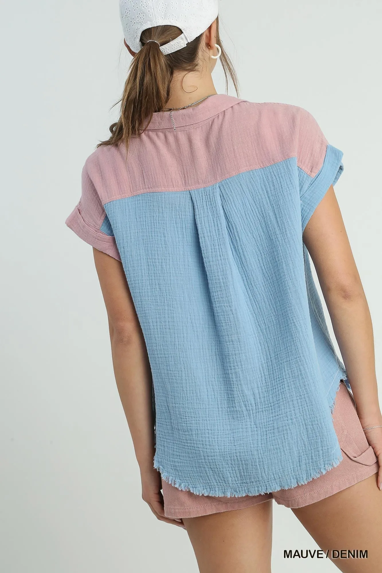 Color Block Gauze Button Up