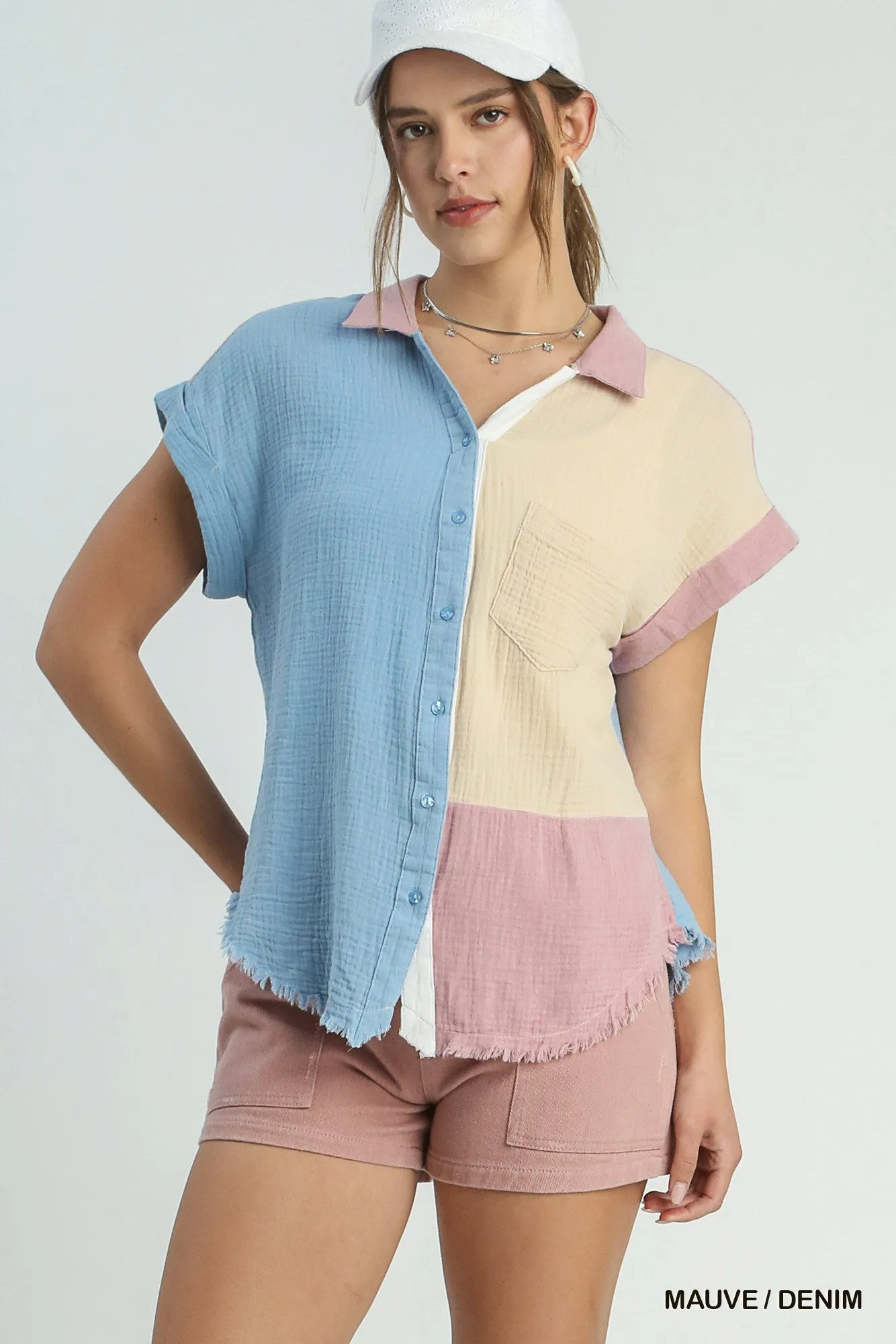 Color Block Gauze Button Up