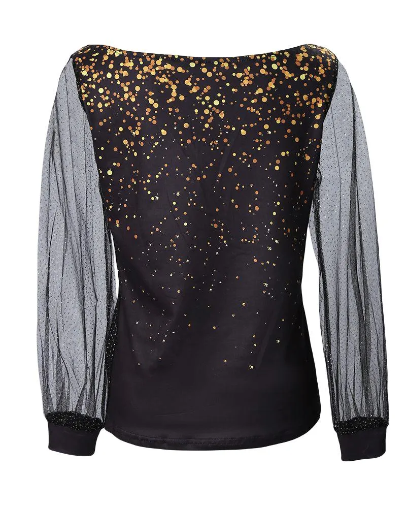 Contrast Mesh Long Sleeve Print Top