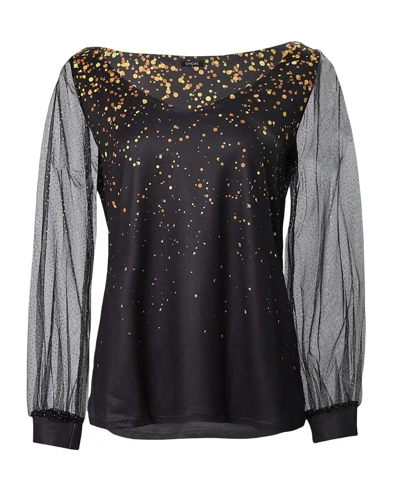 Contrast Mesh Long Sleeve Print Top