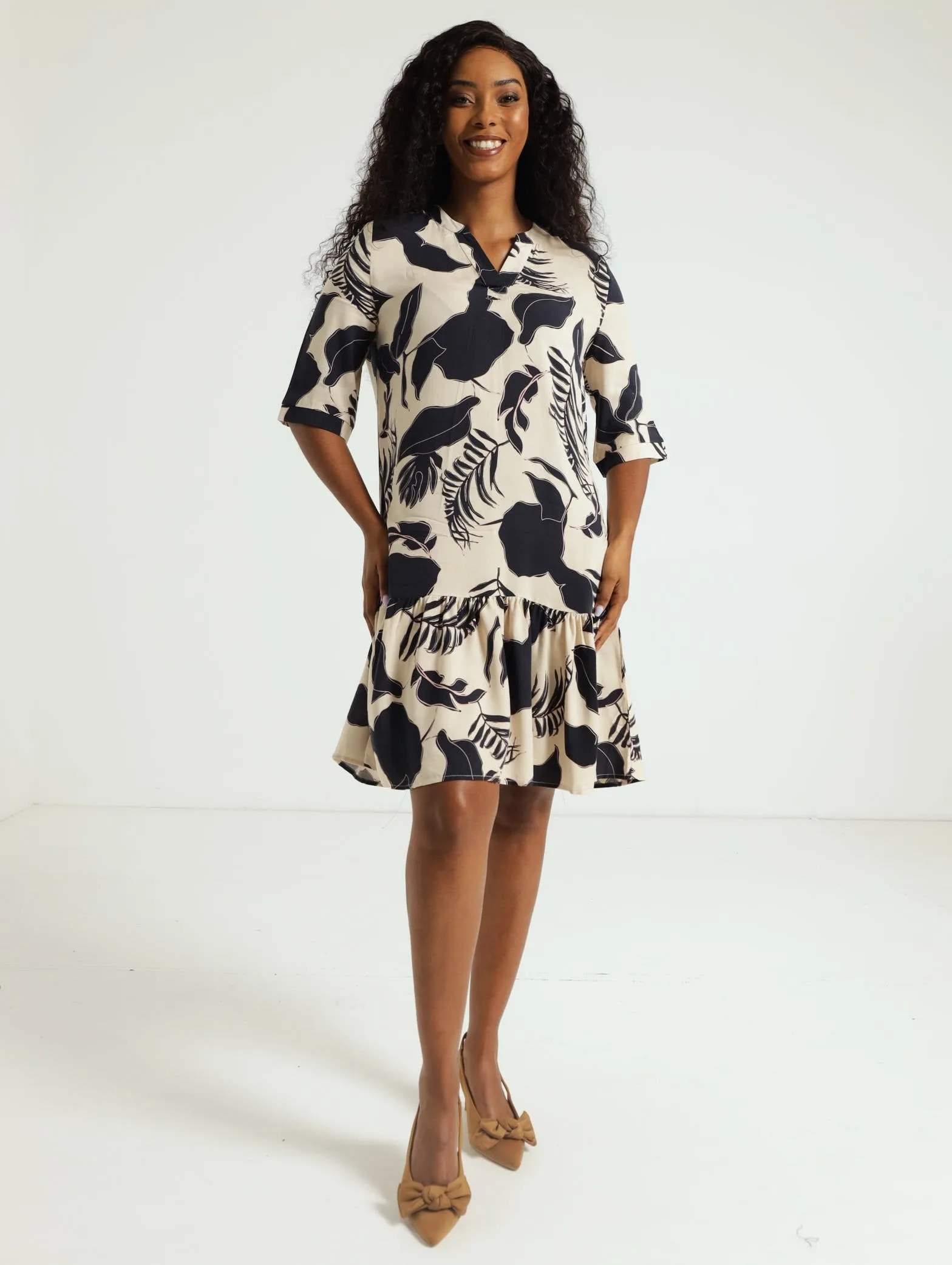 Drop Hem Shift Dress - Black/Cream