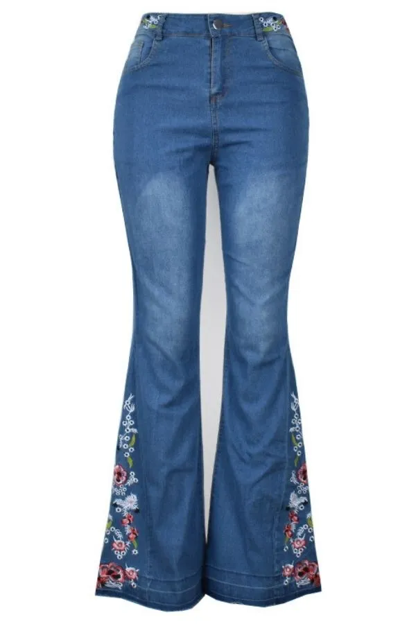 Embroidery Denim Wide Leg Jeans