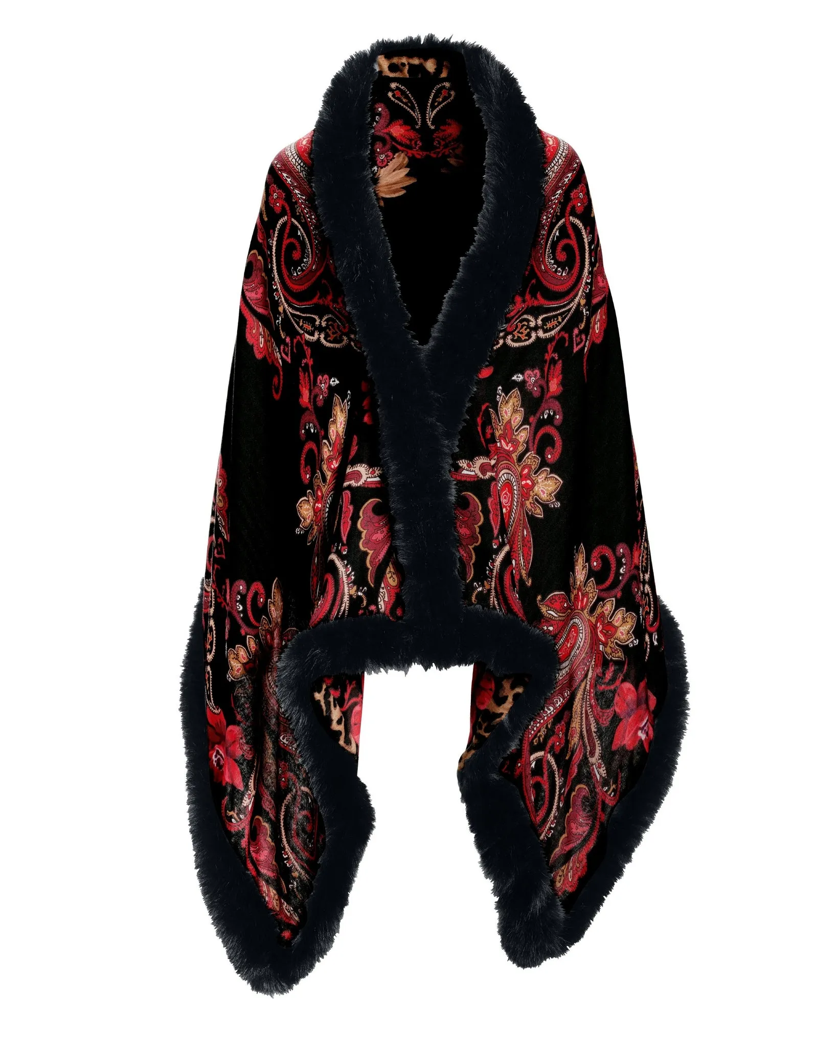 Fall Border Print Faux Fur Trim Shawl Black Multi
