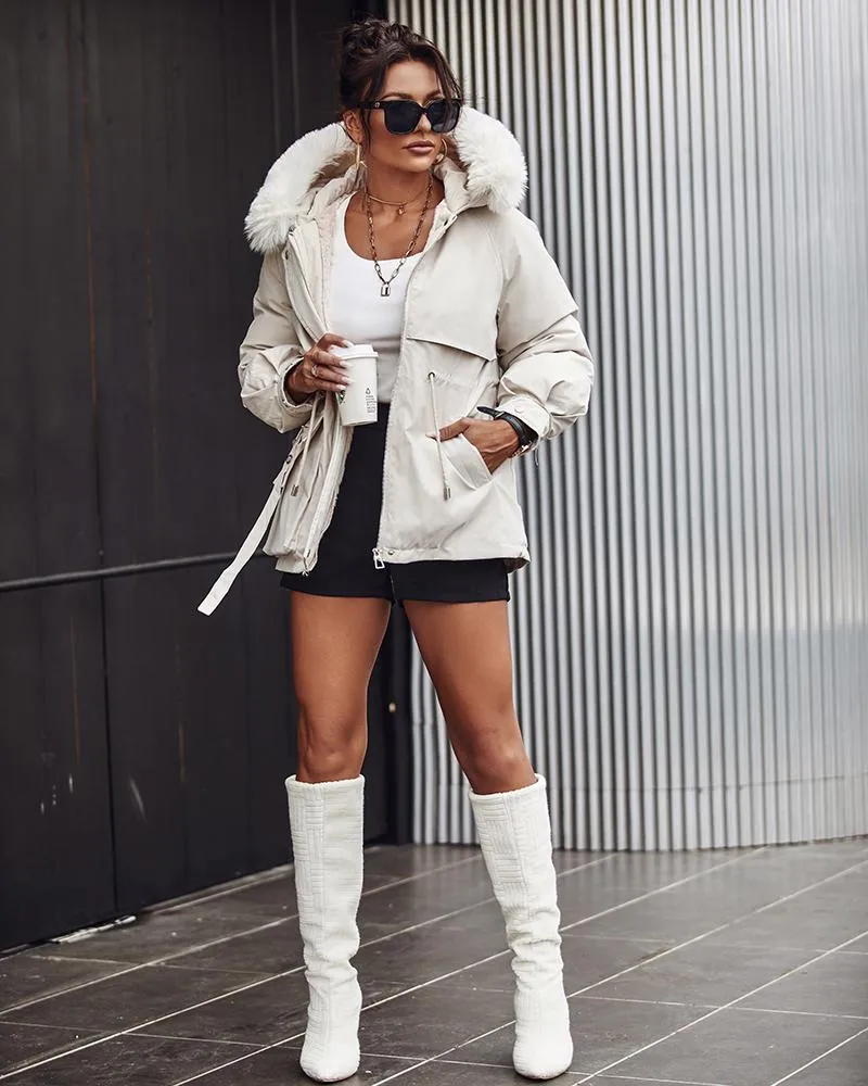 Faux Fur Lantern Sleeve Hooded Cargo Parka Coat