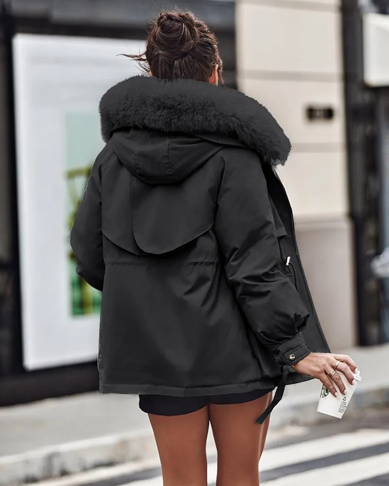 Faux Fur Lantern Sleeve Hooded Cargo Parka Coat