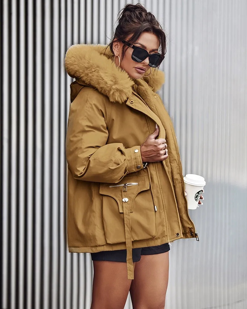 Faux Fur Lantern Sleeve Hooded Cargo Parka Coat