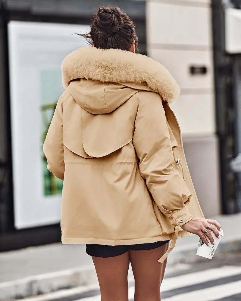 Faux Fur Lantern Sleeve Hooded Cargo Parka Coat
