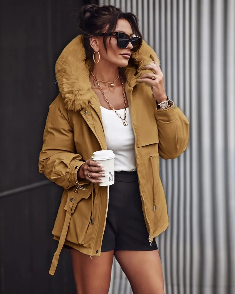 Faux Fur Lantern Sleeve Hooded Cargo Parka Coat