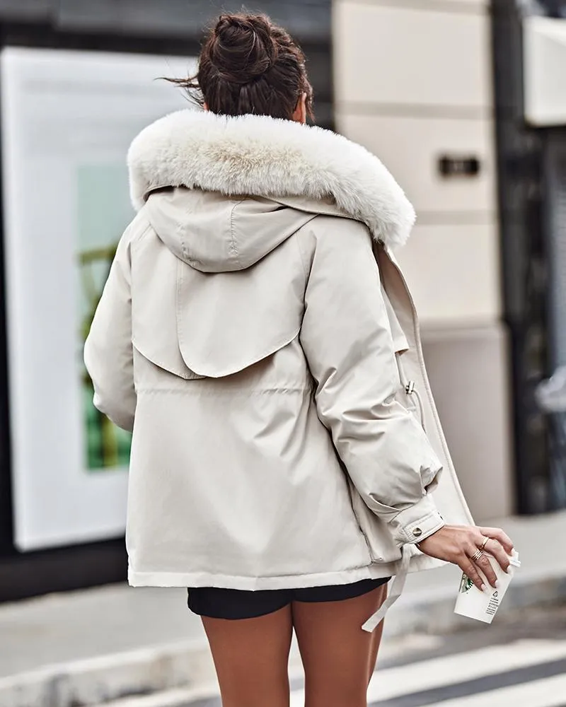 Faux Fur Lantern Sleeve Hooded Cargo Parka Coat
