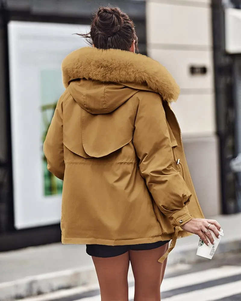 Faux Fur Lantern Sleeve Hooded Cargo Parka Coat