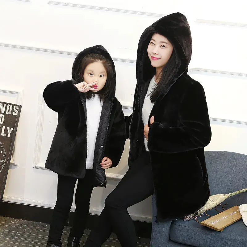 Faux Fur Mid-Length Mother-Daughter Outerwear Jackets