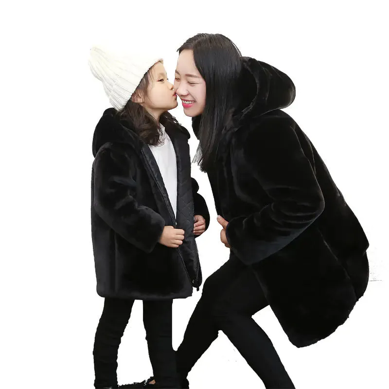 Faux Fur Mid-Length Mother-Daughter Outerwear Jackets