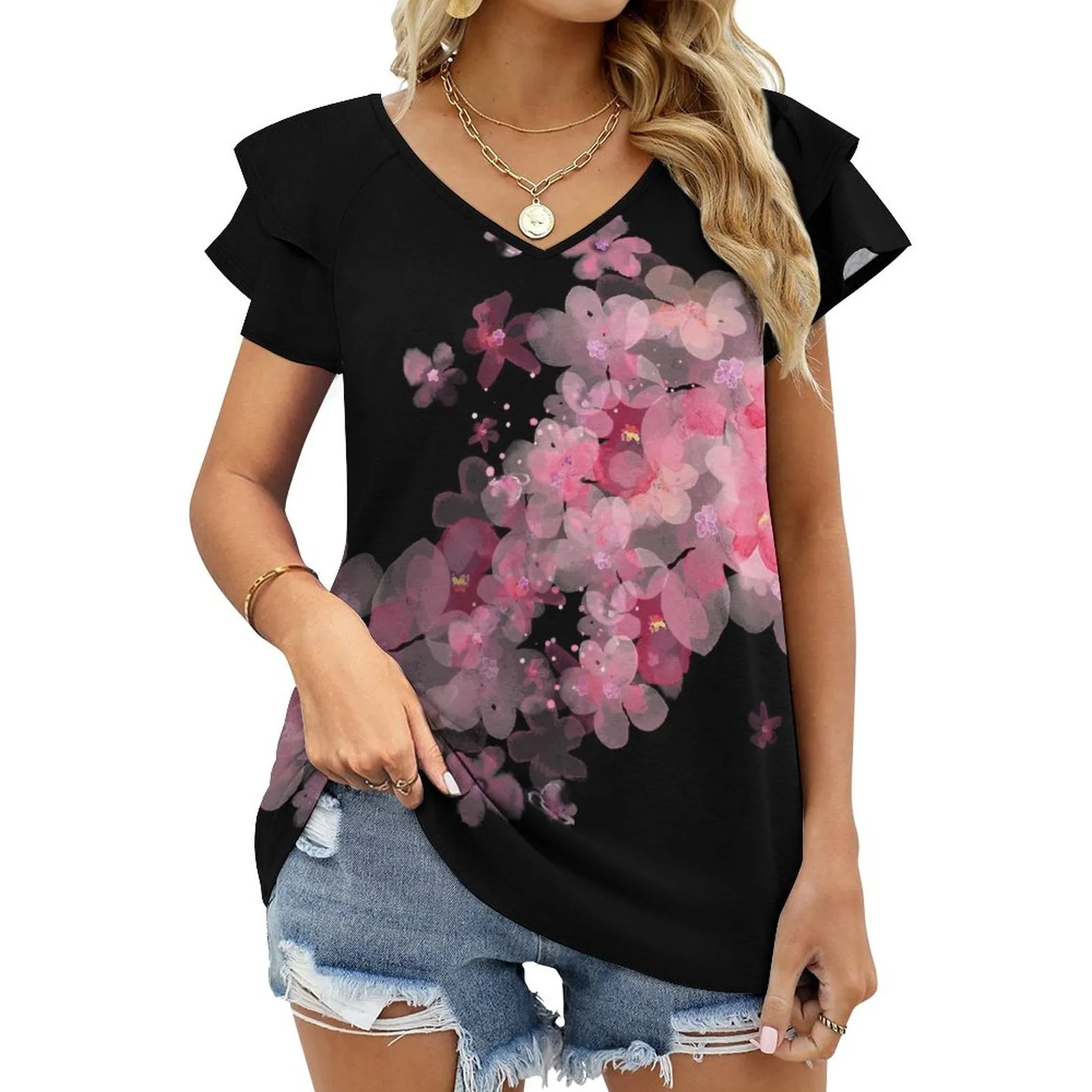 floral Ruffle V-Neck T-Shirt BUT (All-Over Printing)
