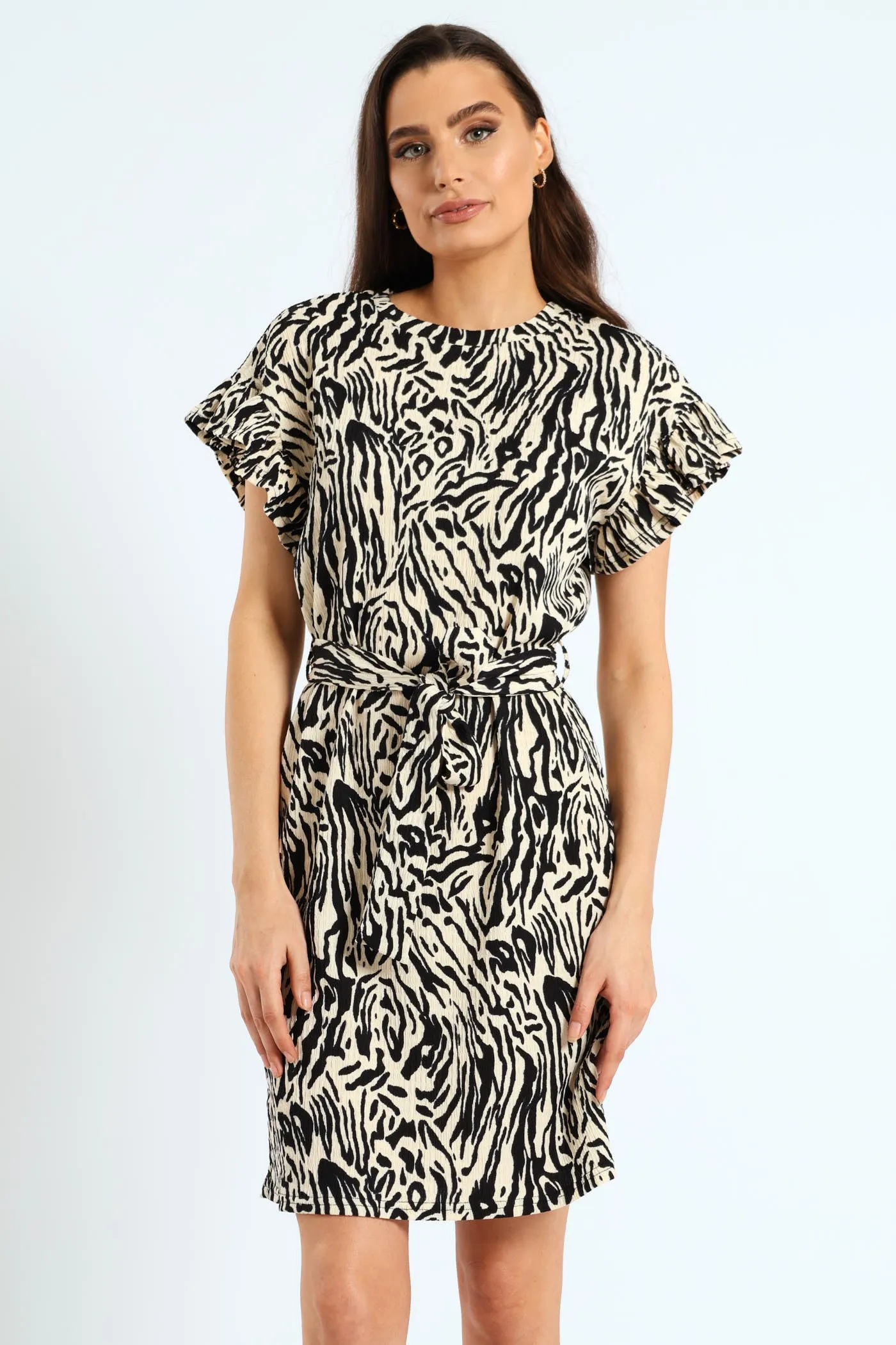 Frill Sleeve Belted Printed Knit Shift Mini Dress - Black/Cream