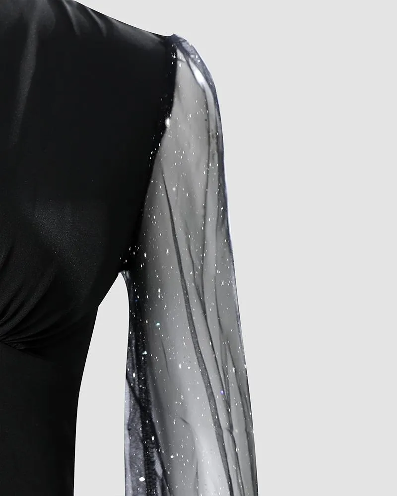 Glitter Contrast Mesh Long Sleeve Top