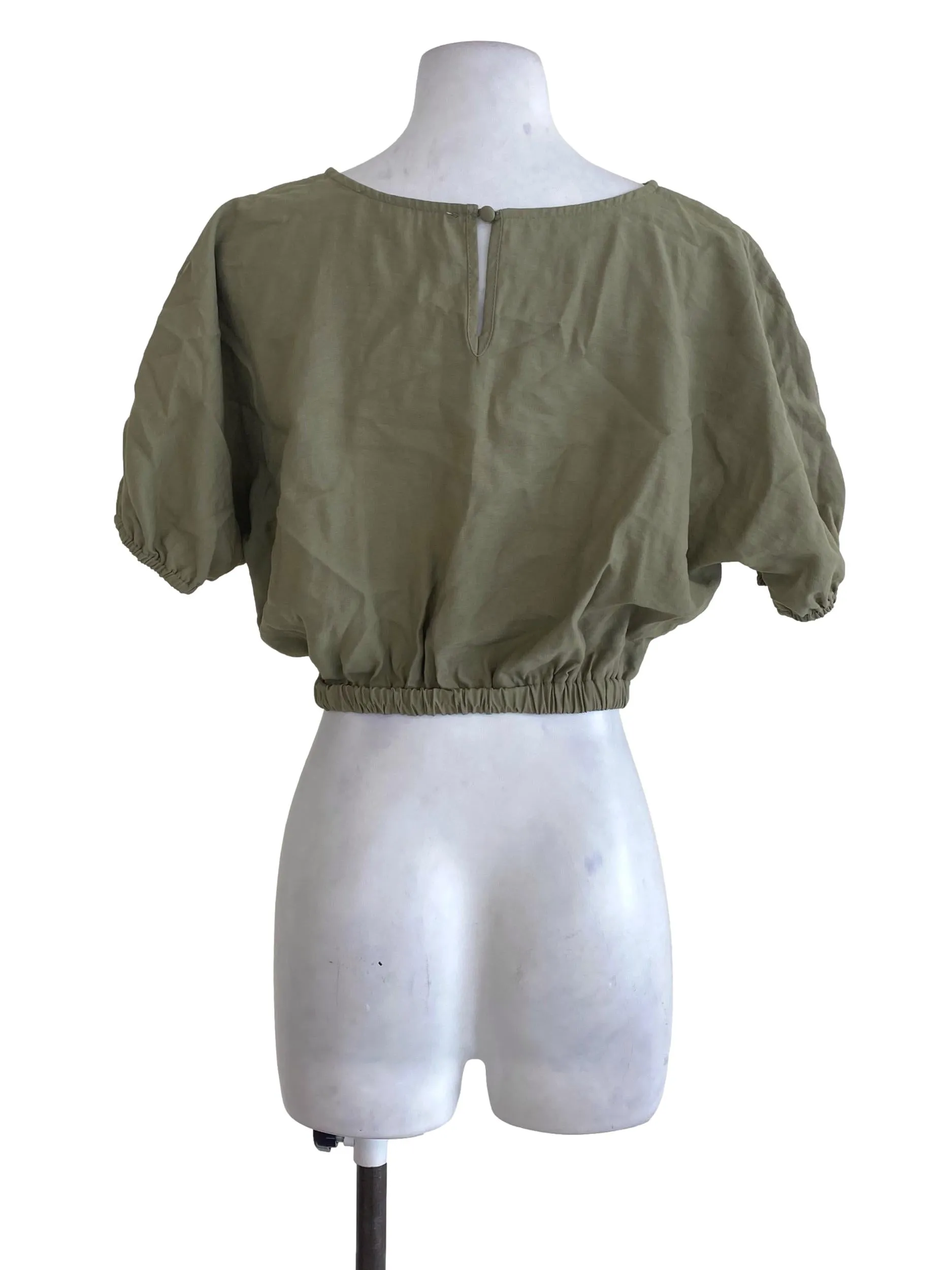 Green Plain Puffy Sleeve Blouse