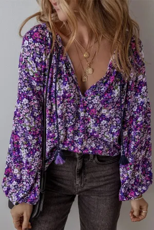 GYPSY-Floral Tie Neck Blouse