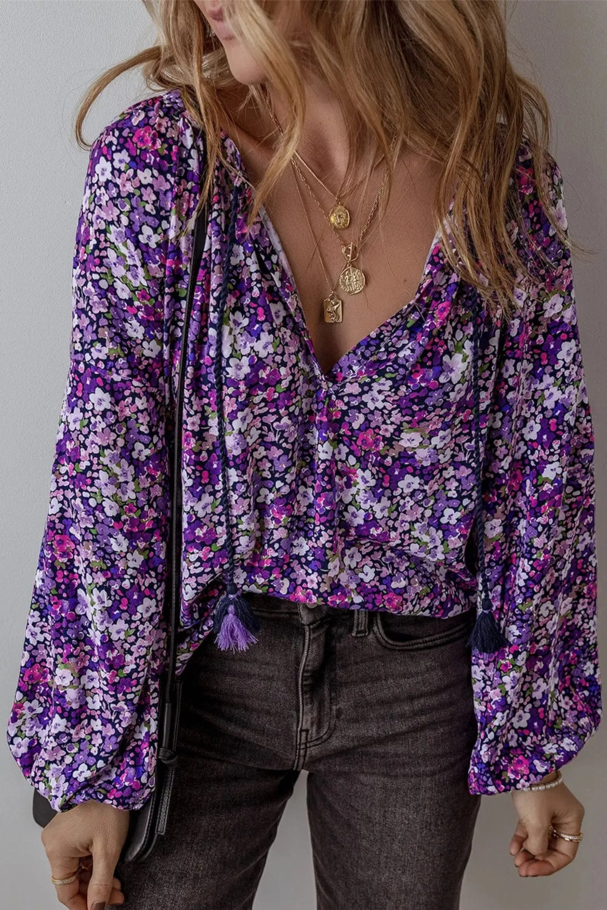 GYPSY-Floral Tie Neck Blouse