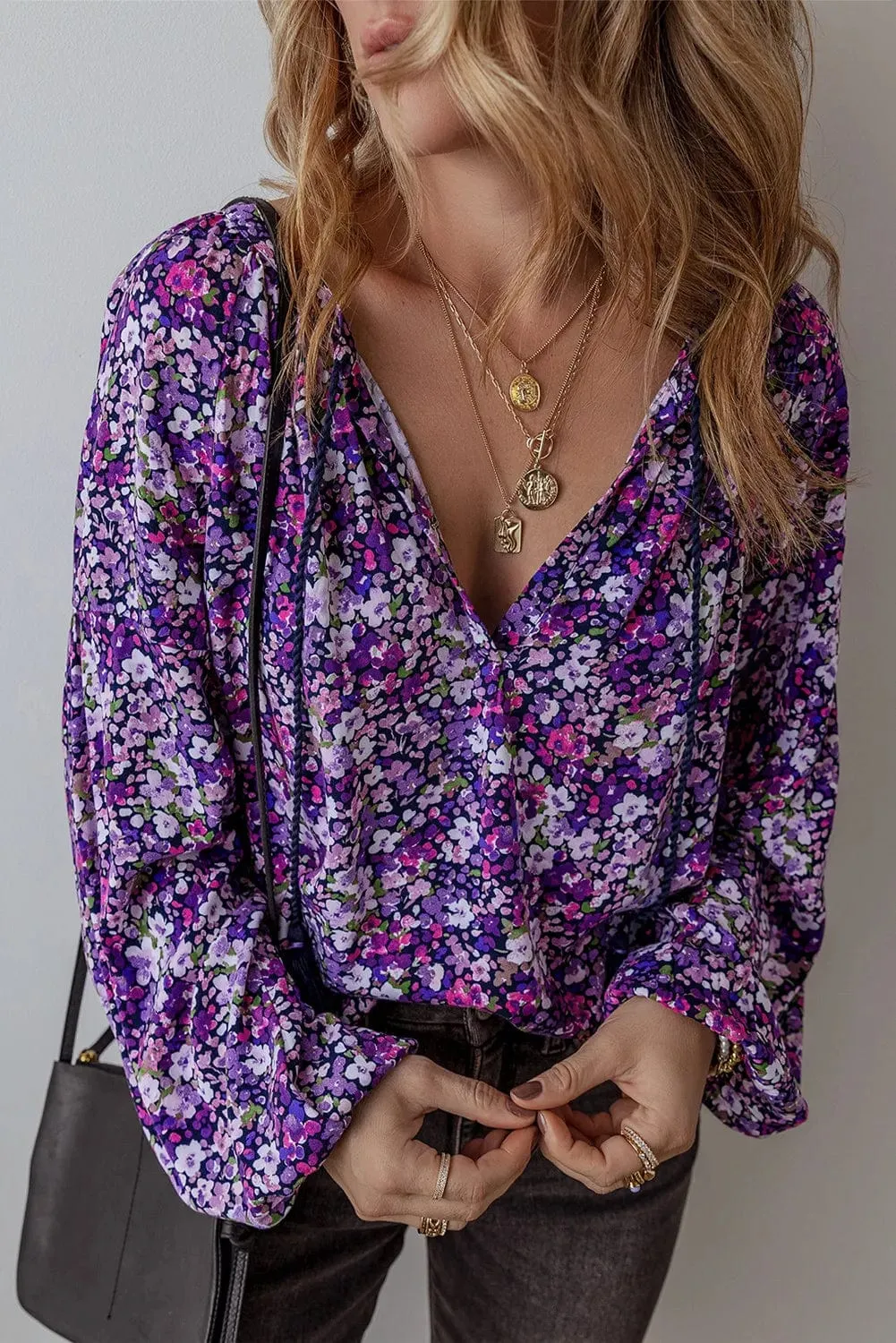 GYPSY-Floral Tie Neck Blouse