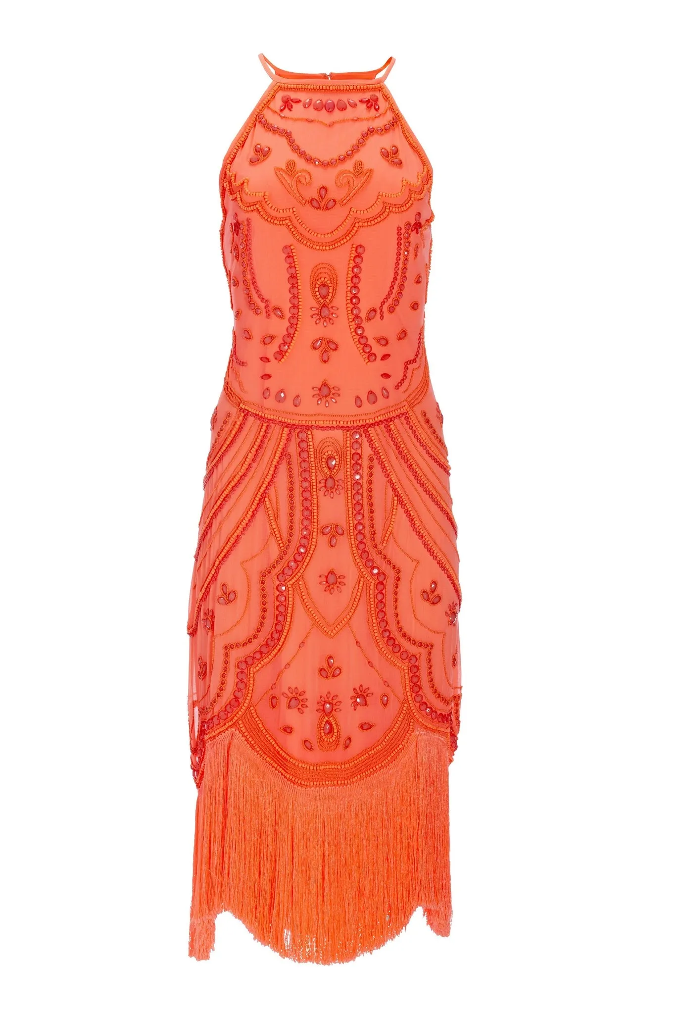 Hand Beaded Fringe Shift Dress Coral