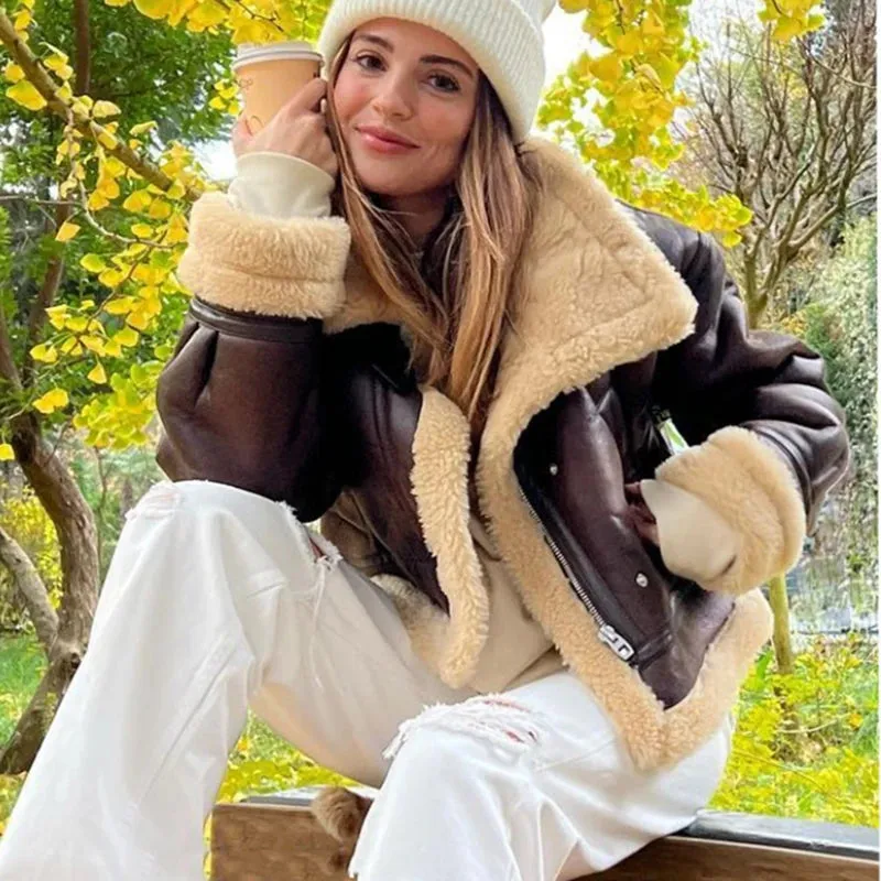 JazzHer 2024 New Autumn Winter Women Faux Lamb Fur Short Jacket Vintage Female Moto Biker Zipper Thick Warm Coat Fleece Outwear