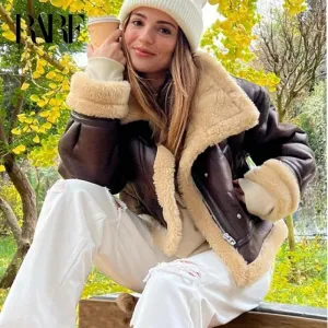 JazzHer 2024 New Autumn Winter Women Faux Lamb Fur Short Jacket Vintage Female Moto Biker Zipper Thick Warm Coat Fleece Outwear